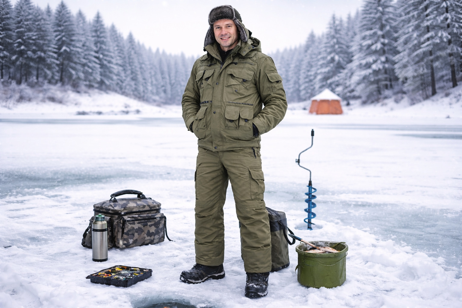 Рыбак на зимней рыбалке в фирменном костюме от компании Сириус МСК