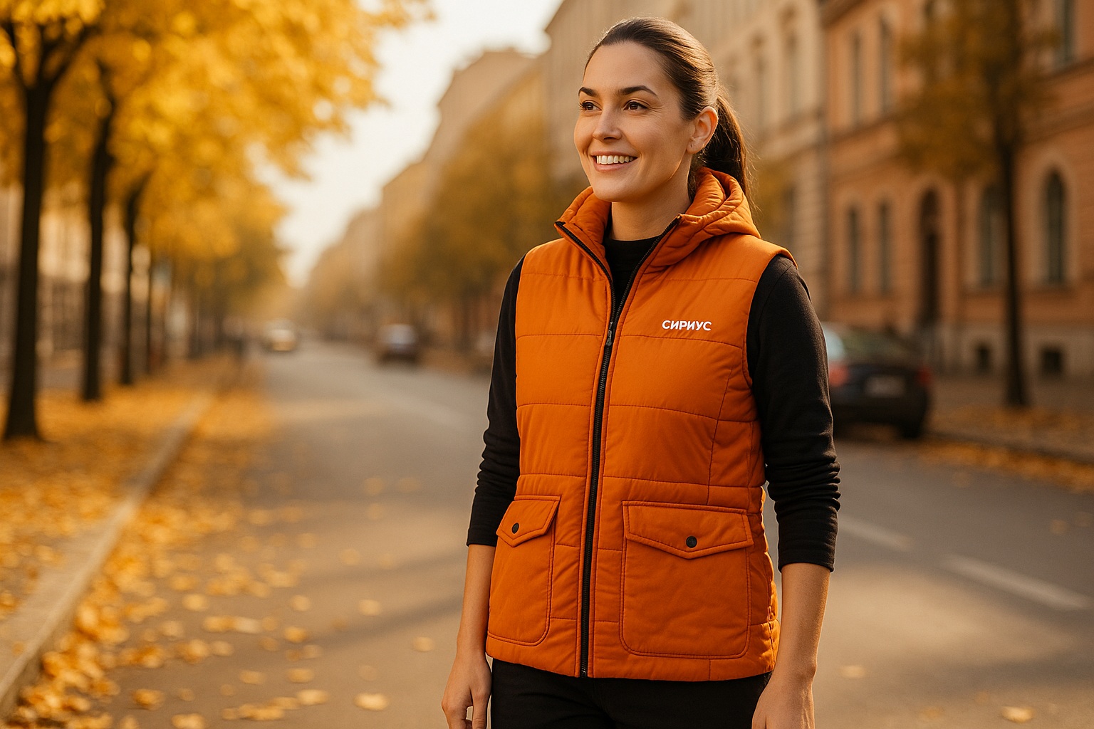 Женщина в рабочей жилетке Сириус МСК в городе осенью