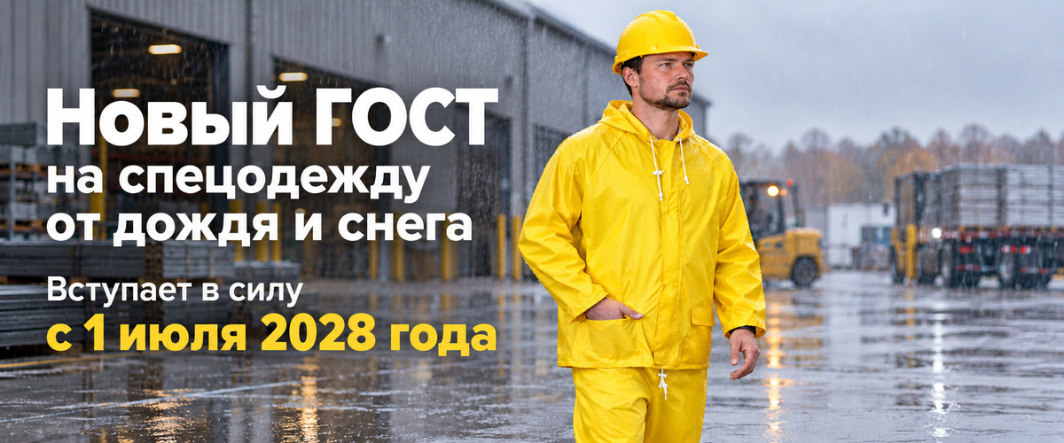 Рабочий в желтом влагозащитном костюме под дождем на складе компании Сириус МСК